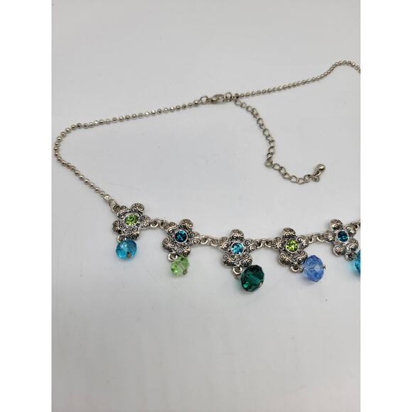 Silver Tone Beaded Pendant Necklace Crystal Charm Statement Necklace Blue Green - Picture 2 of 8